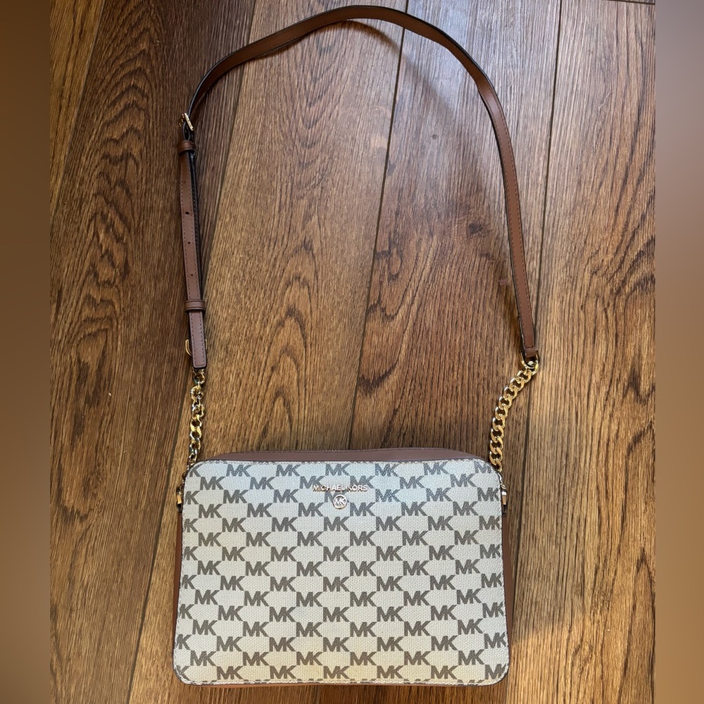 Michael Kors Tan and Cream Logo Crossbody Bag